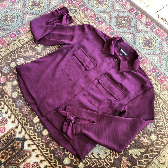 Silky Maroon Tie-Sleeve Button-Front Collared Blouse by Express - Picture 3 of 16